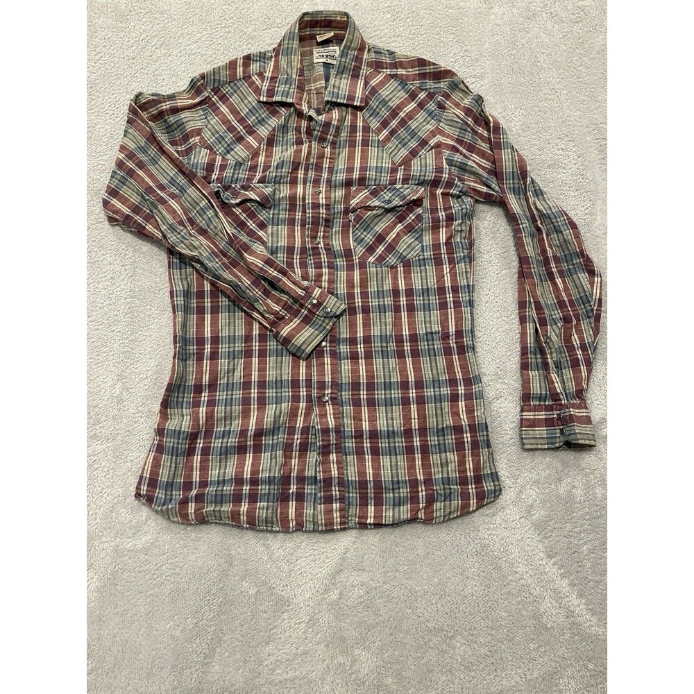 Vintage Levi’s Western Shirt Mens M Plaid Blue Red Beige Pearl Snap White Tab
